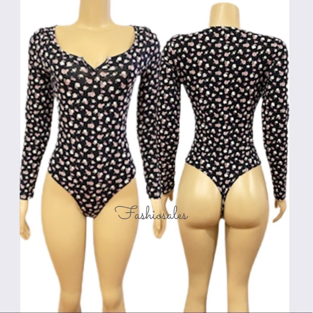 Victorias Secret Pink Soft Cotton Long Sleeve Bodysuit Shirt Top black floral